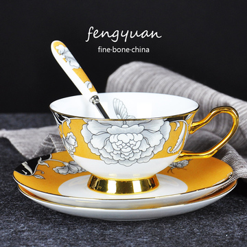出口欧洲骨瓷咖啡杯套装 手绘描金英式红茶杯子配碟 陶瓷茶杯送勺