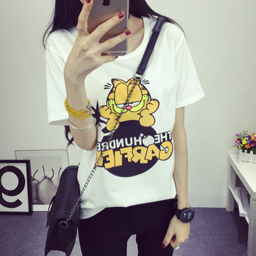 夏装新款加菲猫卡通印花体恤衫韩国宽松学生短袖T恤女上衣服显瘦