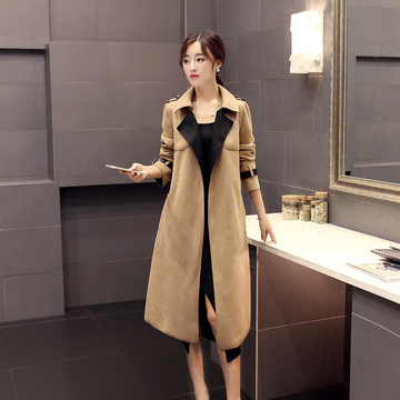 2016讴夏新款时尚韩版女士气质中长款修身显瘦薄鹿皮绒风衣女外套