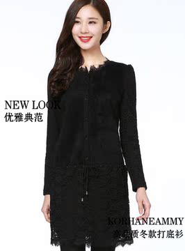 中长款蕾丝加绒打底衫2015冬装新款韩版修身貂绒拼接蕾丝衫女长袖