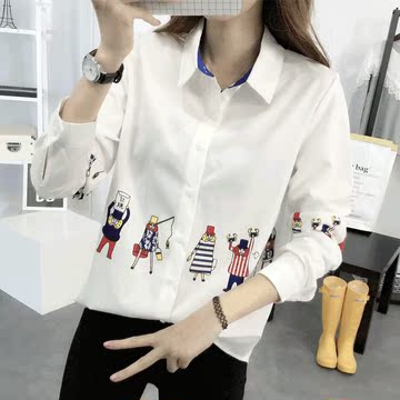 新款韩版白色上衣翻领印花衬衣女学生长袖宽松衬衫大码小清新开衫