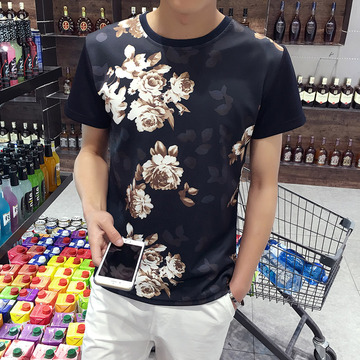 2016夏季新款男士花卉短袖T恤大码休闲男装圆领修身套头半截袖男