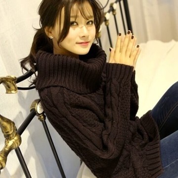 2014冬季新款韩版针织粗麻花毛衣女宽松高领套头中长款长袖加厚