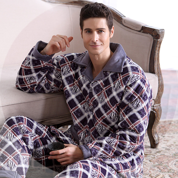 冬季新款男士睡衣三层加厚格子水貂绒珊瑚绒夹棉超厚长袖家居服装