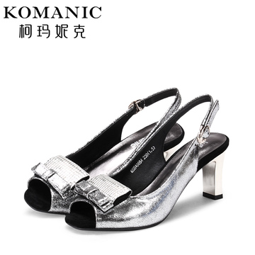 柯玛妮克/Komanic 新款鱼嘴金属羊皮女鞋子 水钻粗高跟凉鞋K48654