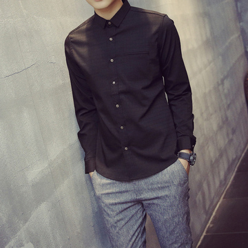 2015秋季男装衬衫个性韩版修身简单款夜店风理发师男士长袖衬衣潮