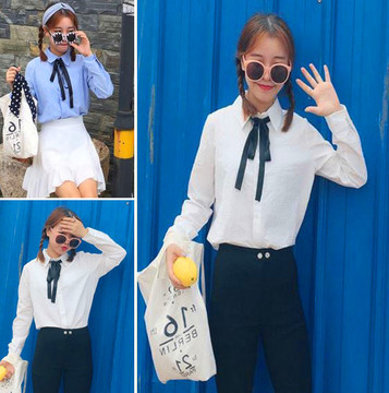 中学生新款韩版POLO领长袖白衬衫女秋季打底衬衣百搭系带短款上衣