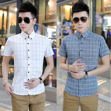 2015夏季新款男士短袖衬衫 韩版修身型格子衬衣休闲男装半袖寸衫