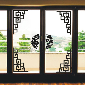 中式复古风格窗格祥云玻璃门橱窗边角装饰墙贴纸移门对角贴隔断贴