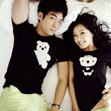 情侣装夏装2015新款韩国短袖T恤 韩版修身小熊卡通印花纯棉上衣
