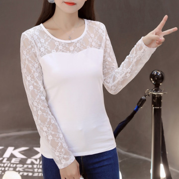 FX8003 长袖t恤女2016秋装新款韩版显瘦百搭蕾丝拼接纯色打底衫