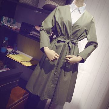 2016秋装新款女装韩版中长款九分袖V领风衣连衣裙套装衬衫两件套