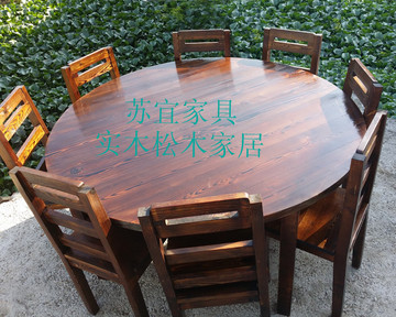 餐桌椅 农家乐饭店家庭大圆桌椅 定制实木松木碳化防腐桌椅组合