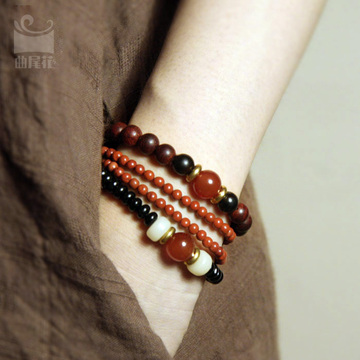 原创多层天然红石混搭檀木珠女款手链个性复古民族风时尚流行手串