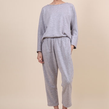 素阿里原创设计米灰色连肩袖蝙蝠休闲服居家服套装宽松针织女装