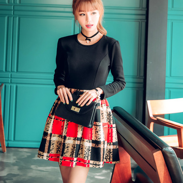 爆款实拍2016年秋季新款韩版女装微供格子气质拼接连衣裙潮 包邮