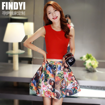 FINDYI 2015夏季 韩版圆领无袖上衣 印花中腰半身短裙A字裙两件套