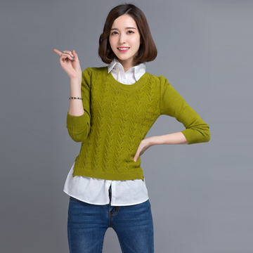 2015秋冬新款韩版修身显瘦针织衫假两件毛衣女外穿套头百搭