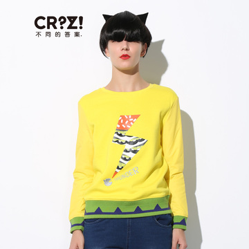 CRZ闪电汉堡原创设计专柜正品长袖圆领女装套头衫拼接袖印花
