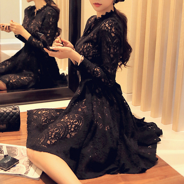 韩国代购2015冬季新款加绒加厚优雅气质打底裙蕾丝大摆大码连衣裙