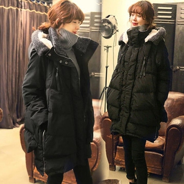 冬装新款韩版中长款加绒加厚保暖棉衣女拼接针织连帽羽绒棉服外套
