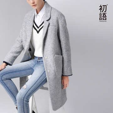 [上新价475元]初语冬季新品 大方兜纯色中长款羊毛毛呢外套