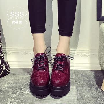 SSS 欧洲站2015秋新款坡跟单鞋漆皮厚底松糕鞋防水台高跟女鞋子潮