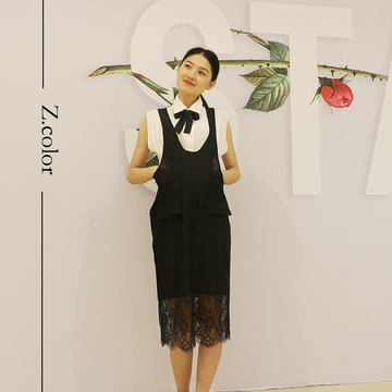 韩版夏季蕾丝背带裙连衣裙女夏2015潮修身显瘦中长款黑色一步裙子