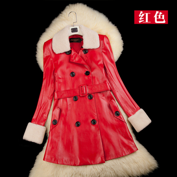 海宁2014新款长款 真皮皮衣女式绵羊皮风衣 羊羔毛领外套