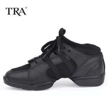 TRA广场舞鞋 现代舞舞蹈鞋 软底跳舞鞋真皮增高男女网面黑色正品