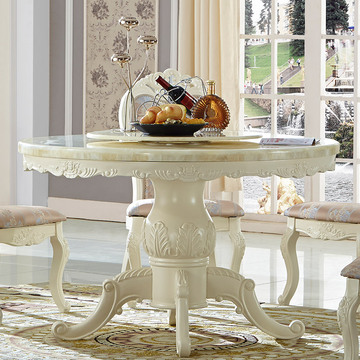 欧式大理石餐桌椅组合小户型6人全橡木餐桌实木圆形餐桌椅吃饭桌