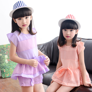 童装女童短裙套装 2015夏新款中小学生韩版雪纺拼接无袖T恤两件套