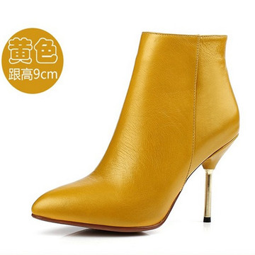 2015欧美黄色性感短靴高跟尖头时尚马丁靴小牛皮OL金属细跟裸靴单