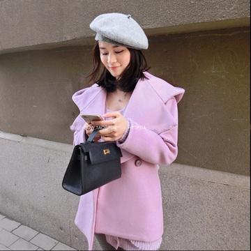 2015秋冬新款羊绒毛呢外套女韩版文艺连帽系带大翻领短款粉色外套