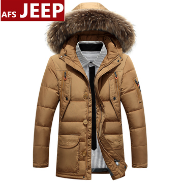 Afs Jeep2015新款大毛领羽绒服男中长款加厚白鸭绒中年修身男外套