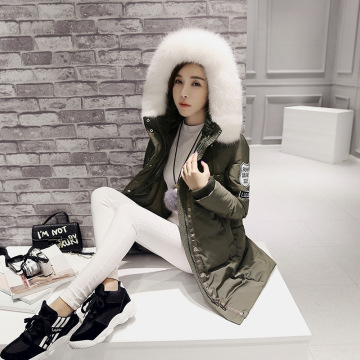 欧洲站韩版品牌新款狐狸毛领军工装羽绒服女中长款加厚袖标