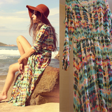 2015夏裙波西米亚印花雪纺中长裙连衣裙度假沙滩裙韩版比基尼罩裙