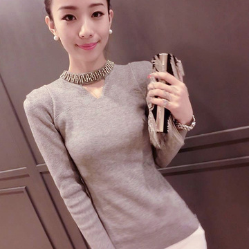 2015韩版女秋修身女子白色打底衫长袖 冬季休闲圆领针织衫套头潮