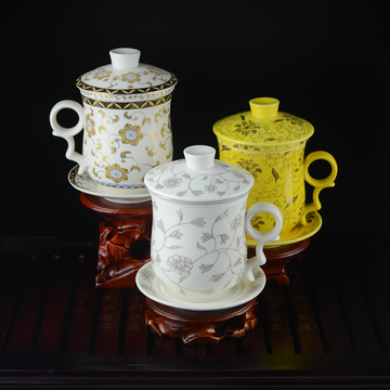 景德镇彩陶瓷马克杯带盖茶杯水杯陶瓷办公杯骨瓷盖杯带茶隔茶盘
