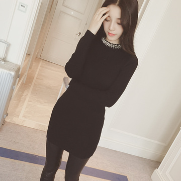 2015秋冬季新款韩版修身中长款套头毛衣女显瘦打底包臀针织连衣裙