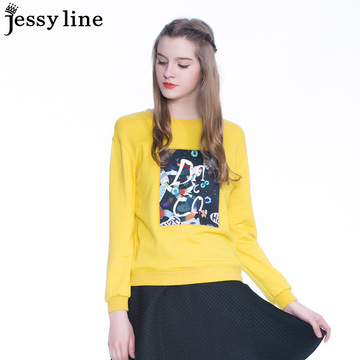 jessy line2016秋装新款 杰茜莱卡通图案百搭时尚长袖T恤 女上衣