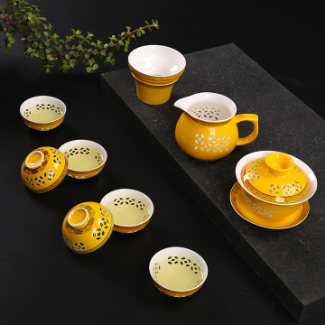 正品茶具套装精致玲珑镂空陶瓷工夫茶具高档办公室送礼泡茶工具
