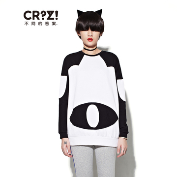 CRZ原创设计潮牌女装2015秋季新品拼接大眼logo女潮套头衫卫衣