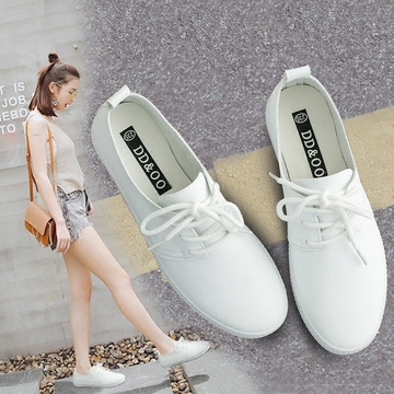 韩国女鞋黑白色帆布鞋女韩版学生系带皮面小白鞋女休闲鞋球鞋板鞋