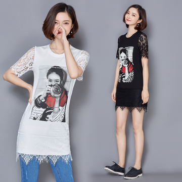 夏季女学院风韩版2016新款时尚T恤衫中长款白搭印花针织蕾丝衫