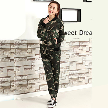 2015春秋新款大码女装修身外套韩版迷彩休闲运动服套装长袖卫衣潮