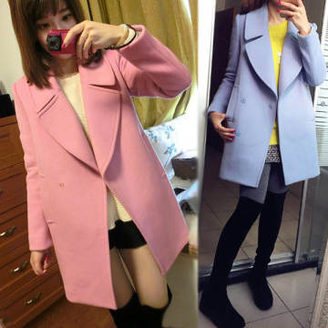 韩国代购2015秋冬装新款韩版中长款粉色毛呢外套修身呢子大衣女