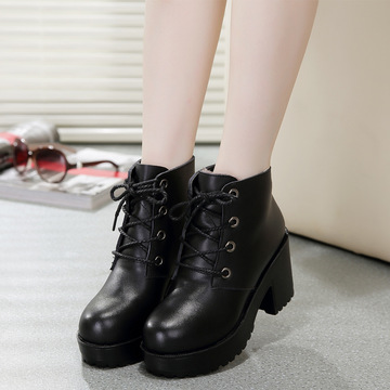2015韩版短筒女靴系带厚底松糕鞋秋冬女单鞋高跟马丁靴女粗跟短靴
