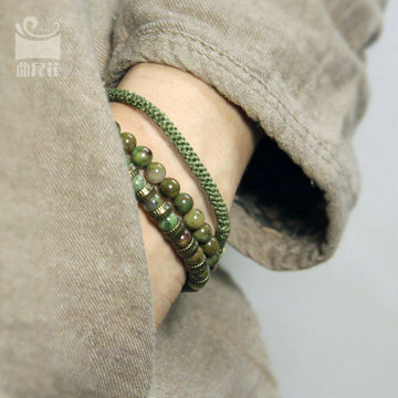 个性复古绿天然石珠子手链 原创设计民族风女款特色饰品多层手串