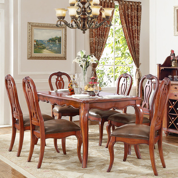 欧式实木餐桌椅组合6人美式乡村长方形餐桌宜家小户型饭桌子1.4米